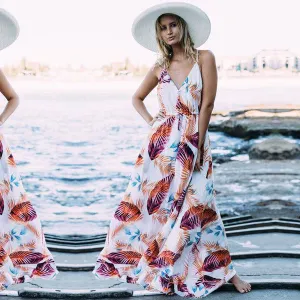 Bohemian Spaghetti Straps V-neck Long Party Beach Dress