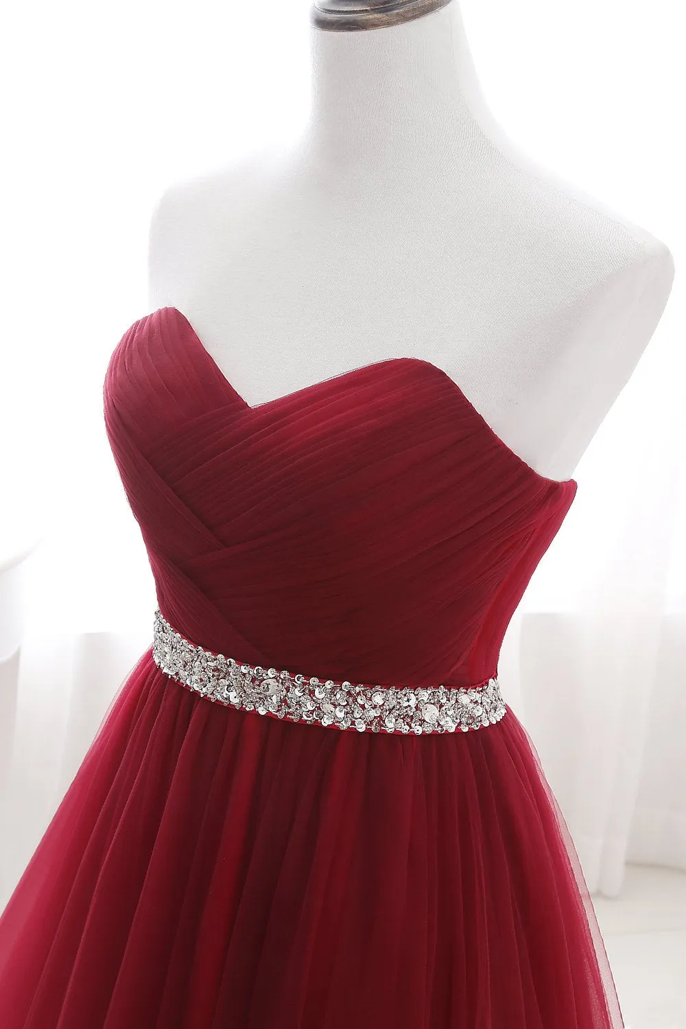 Burgundy Long A-line Sweetheart Tulle Lace-up Prom Dresses