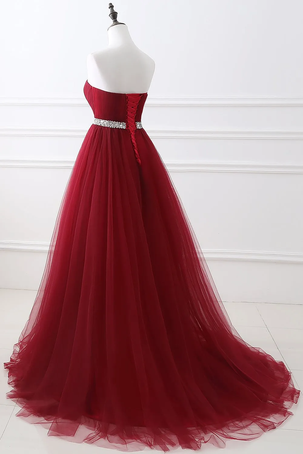 Burgundy Long A-line Sweetheart Tulle Lace-up Prom Dresses
