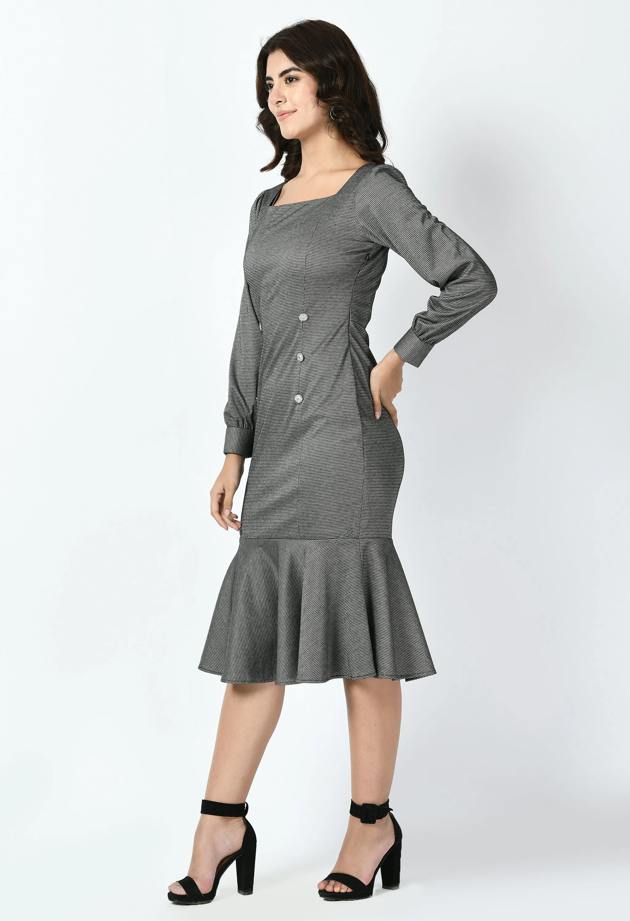 Charcoal Black Peak Checked Fishtail Midi Dress