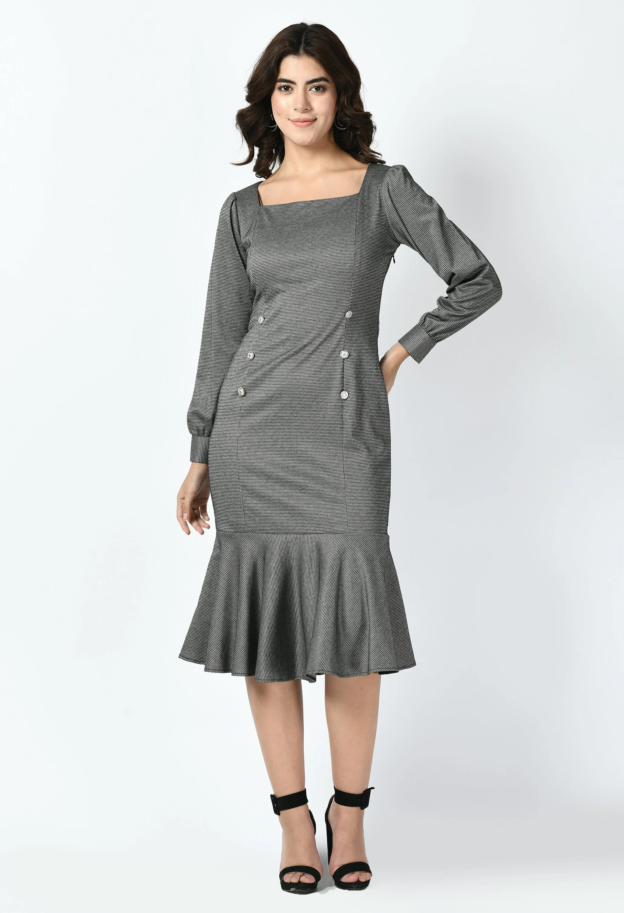 Charcoal Black Peak Checked Fishtail Midi Dress