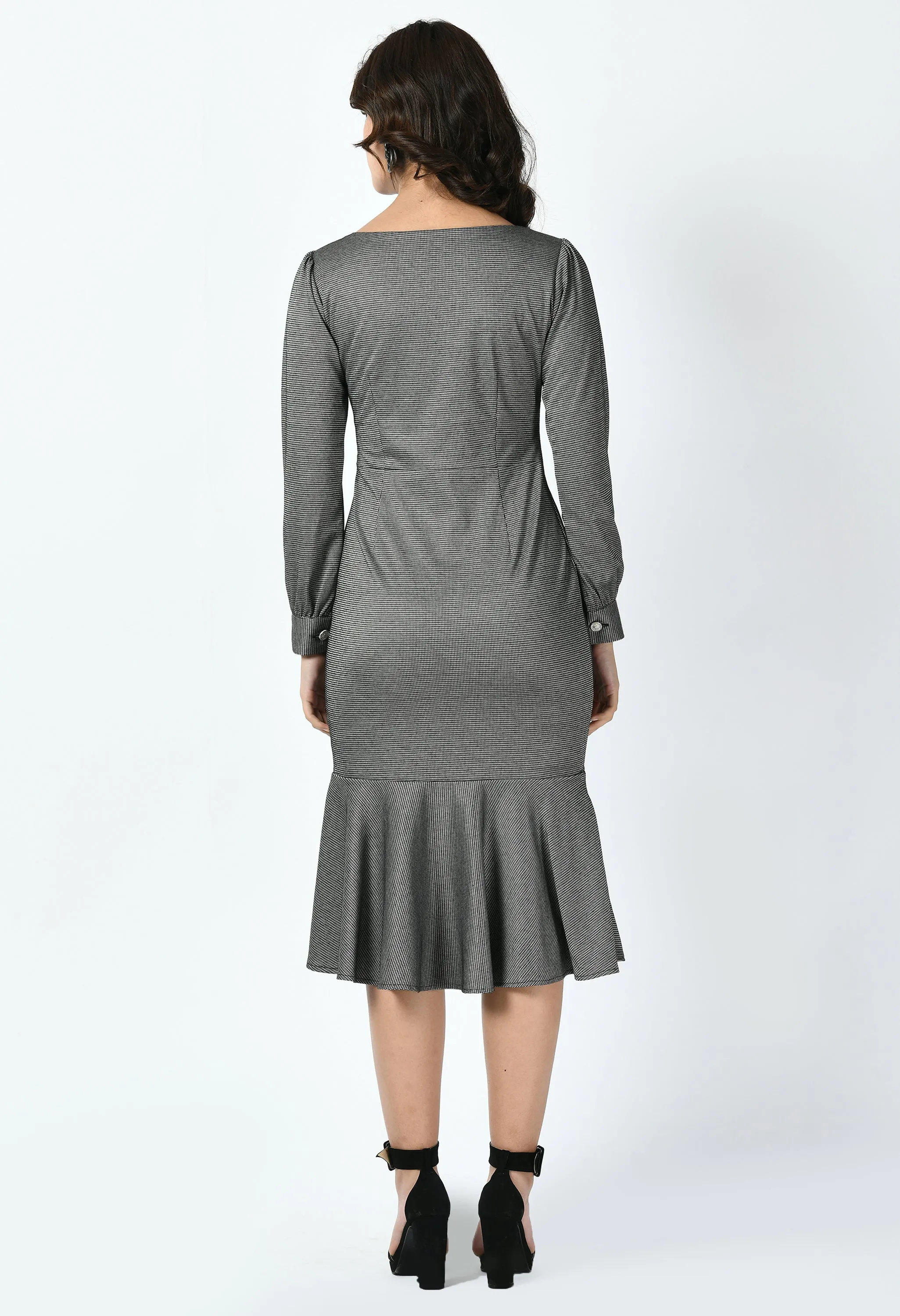 Charcoal Black Peak Checked Fishtail Midi Dress