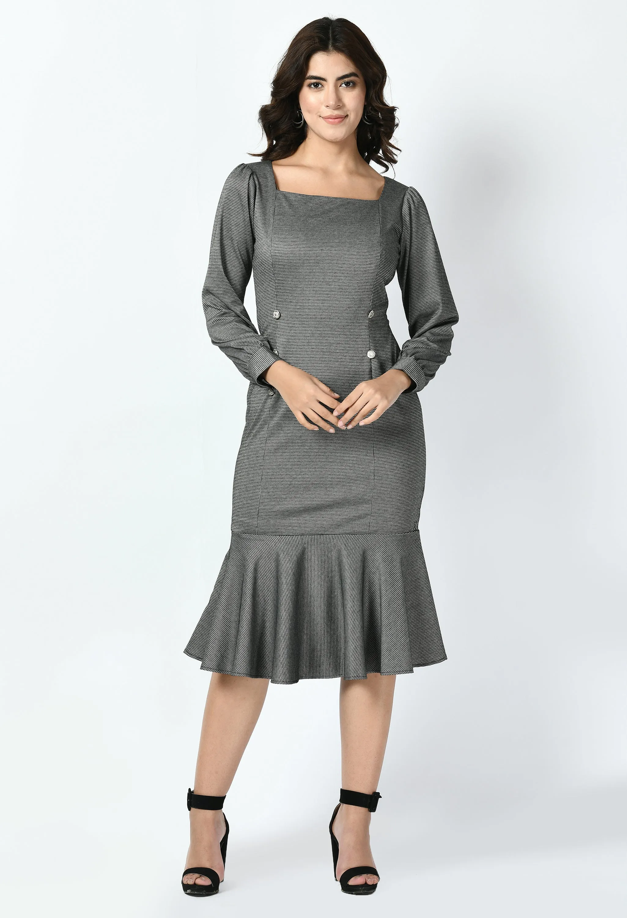 Charcoal Black Peak Checked Fishtail Midi Dress
