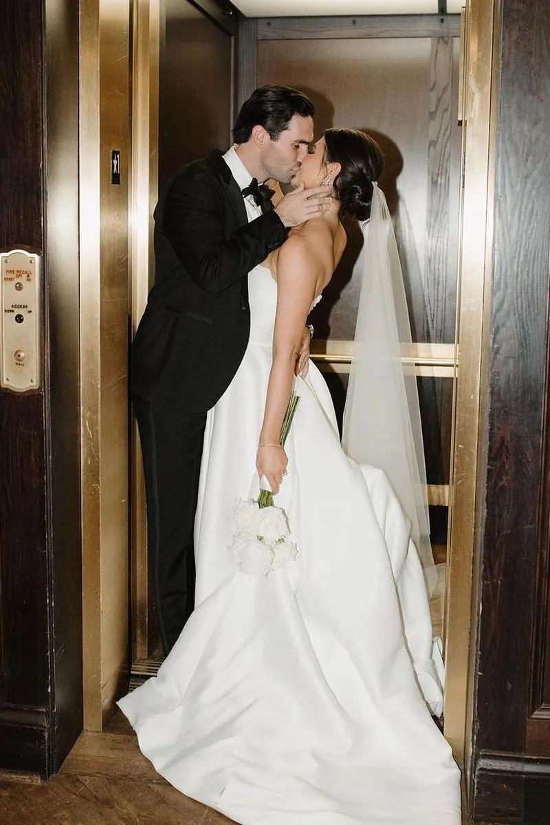 Charming A-Line Strapless White Satin Wedding Dresses with Slit VK24040503