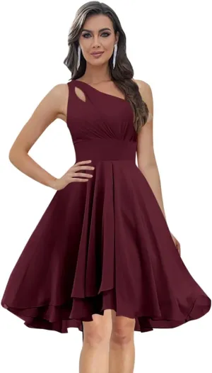 Chiffon One Shoulder Bridesmaid Dresses Short with Pleats A-line Formal Party Dresses for Women