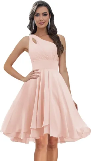 Chiffon One Shoulder Bridesmaid Dresses Short with Pleats A-line Formal Party Dresses for Women