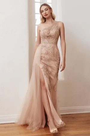 CINDERELLA DIVINE CB098 Embellished One-Shoulder with Overskirt Gown