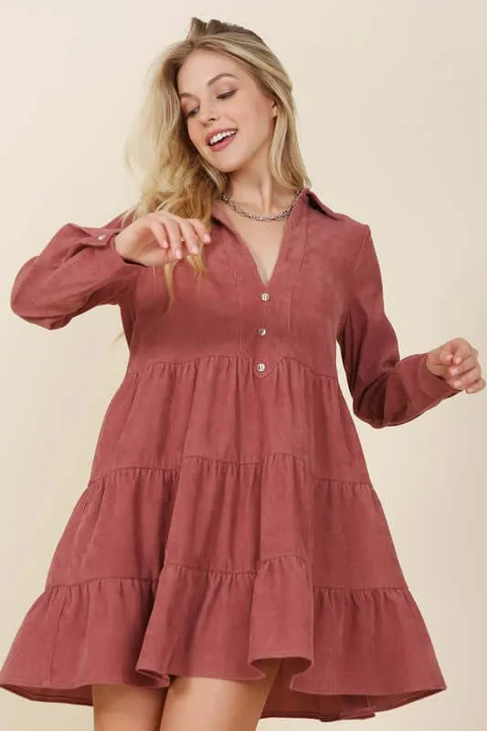 Corduroy Long Sleeve Tiered Mini Dress