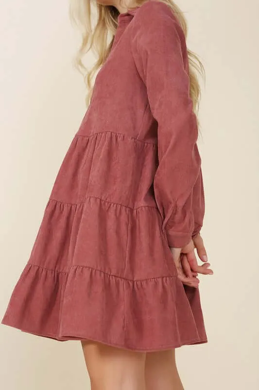 Corduroy Long Sleeve Tiered Mini Dress