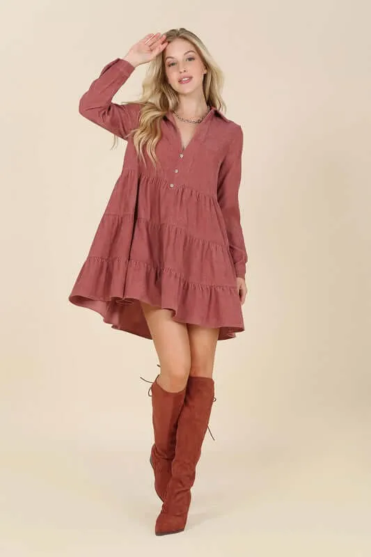Corduroy Long Sleeve Tiered Mini Dress