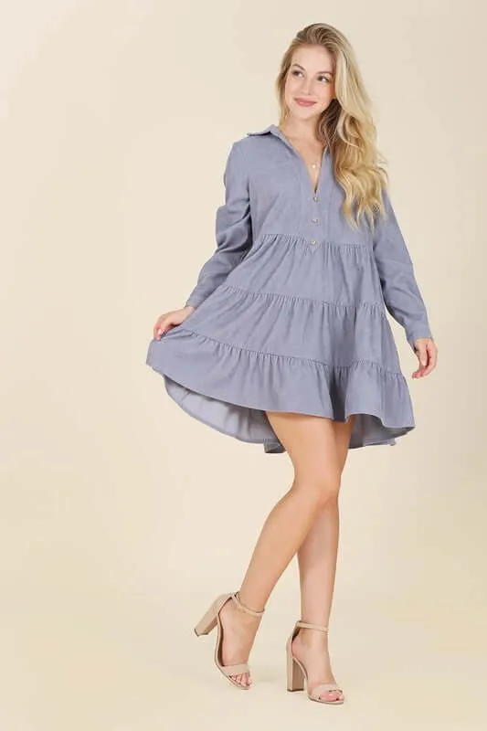 Corduroy Long Sleeve Tiered Mini Dress