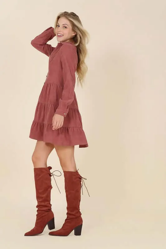Corduroy Long Sleeve Tiered Mini Dress