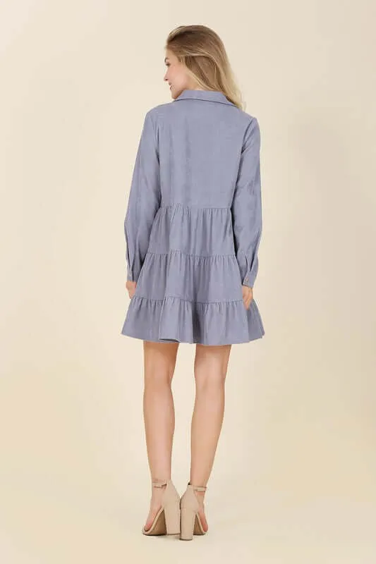 Corduroy Long Sleeve Tiered Mini Dress