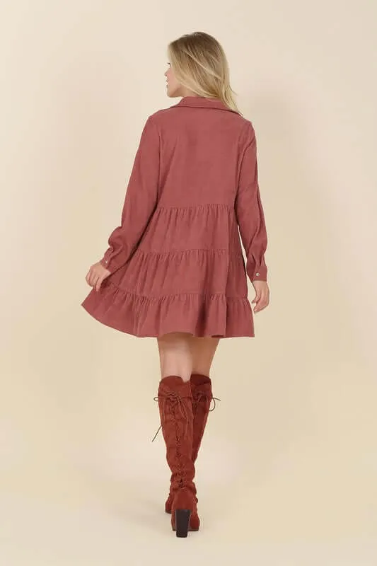 Corduroy Long Sleeve Tiered Mini Dress