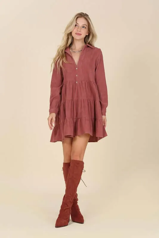 Corduroy Long Sleeve Tiered Mini Dress