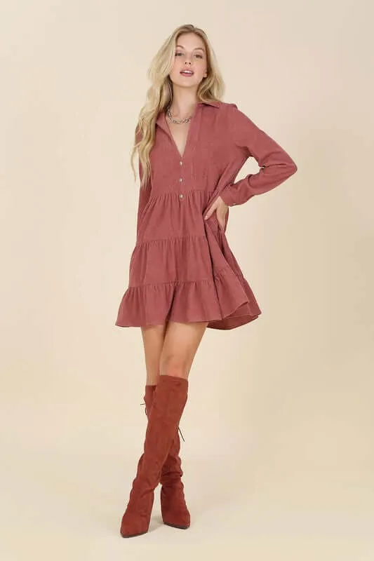 Corduroy Long Sleeve Tiered Mini Dress