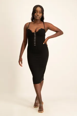 Corset Style Dress with Lace Trim - Black