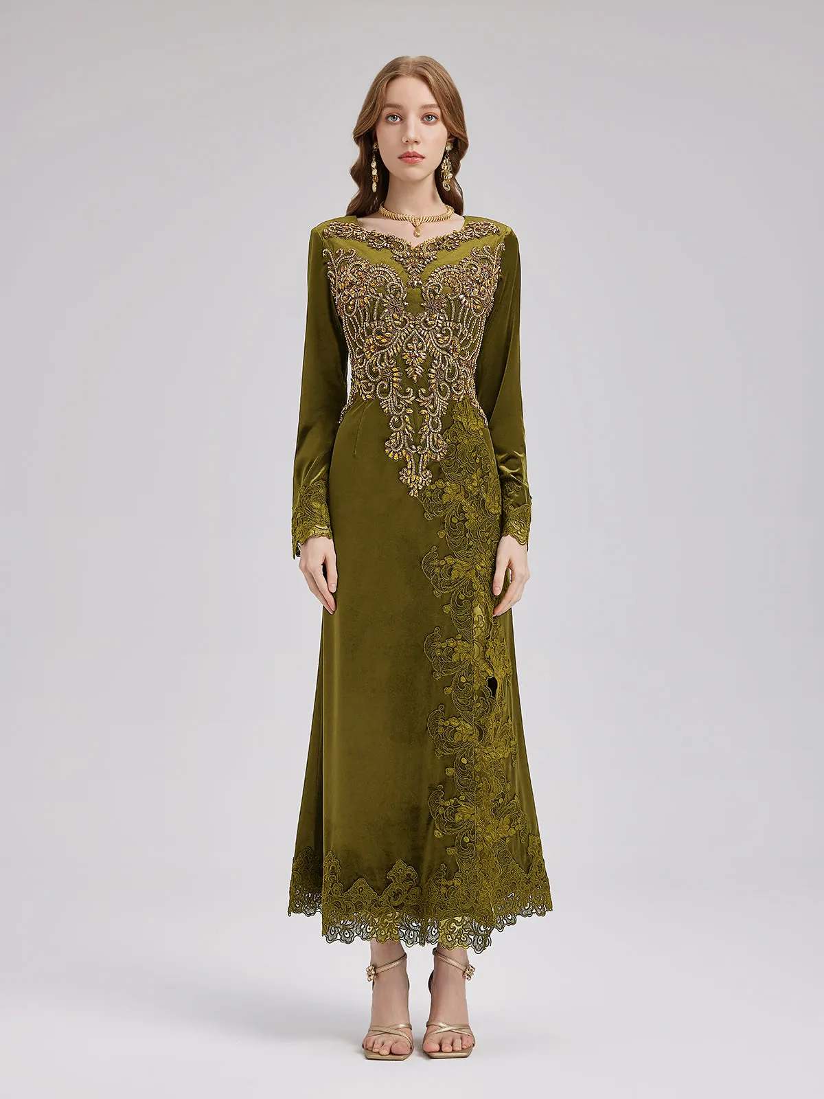 Couture Beaded Lace Velvet Gown