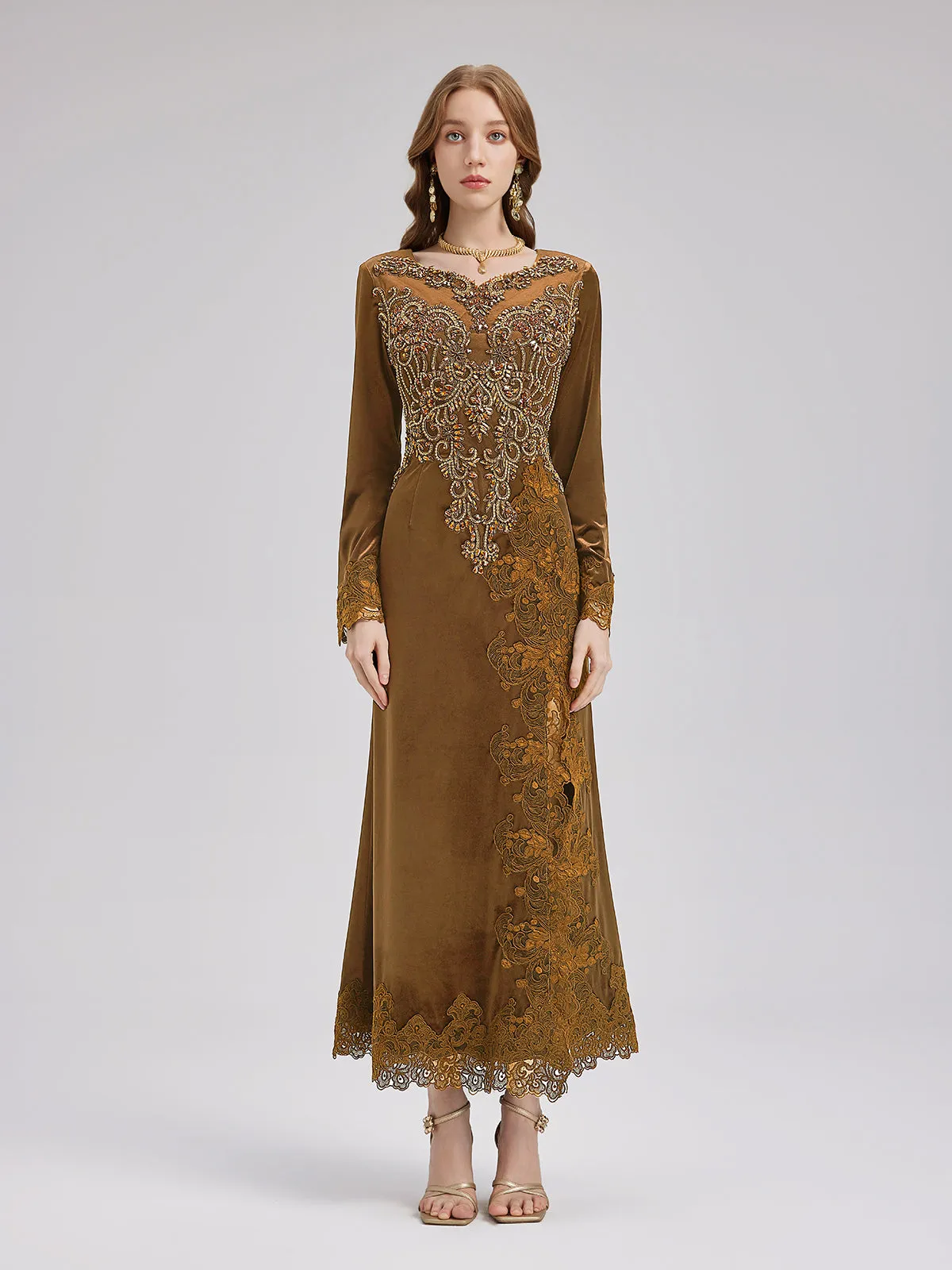 Couture Beaded Lace Velvet Gown
