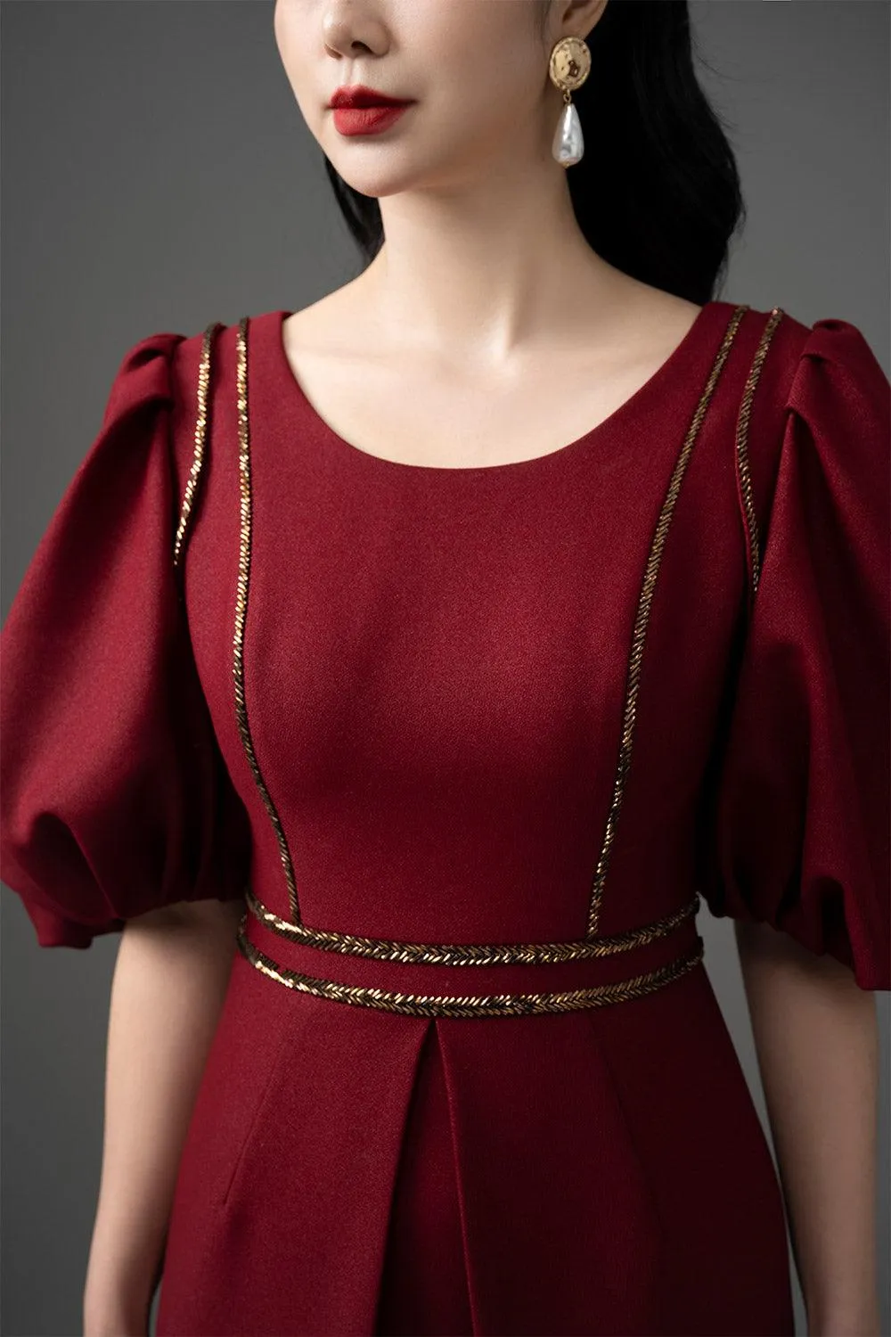 Crystal Sheath Puffy Sleeved Gabardine Midi Dress