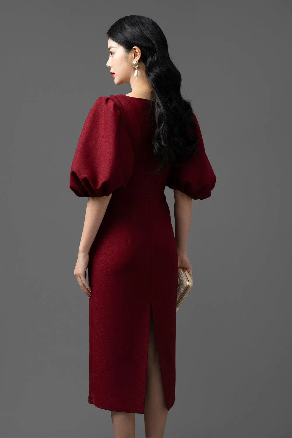 Crystal Sheath Puffy Sleeved Gabardine Midi Dress