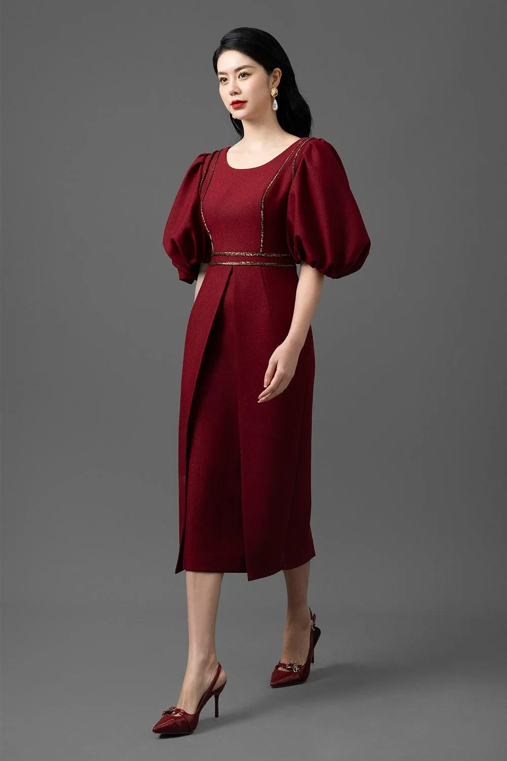 Crystal Sheath Puffy Sleeved Gabardine Midi Dress