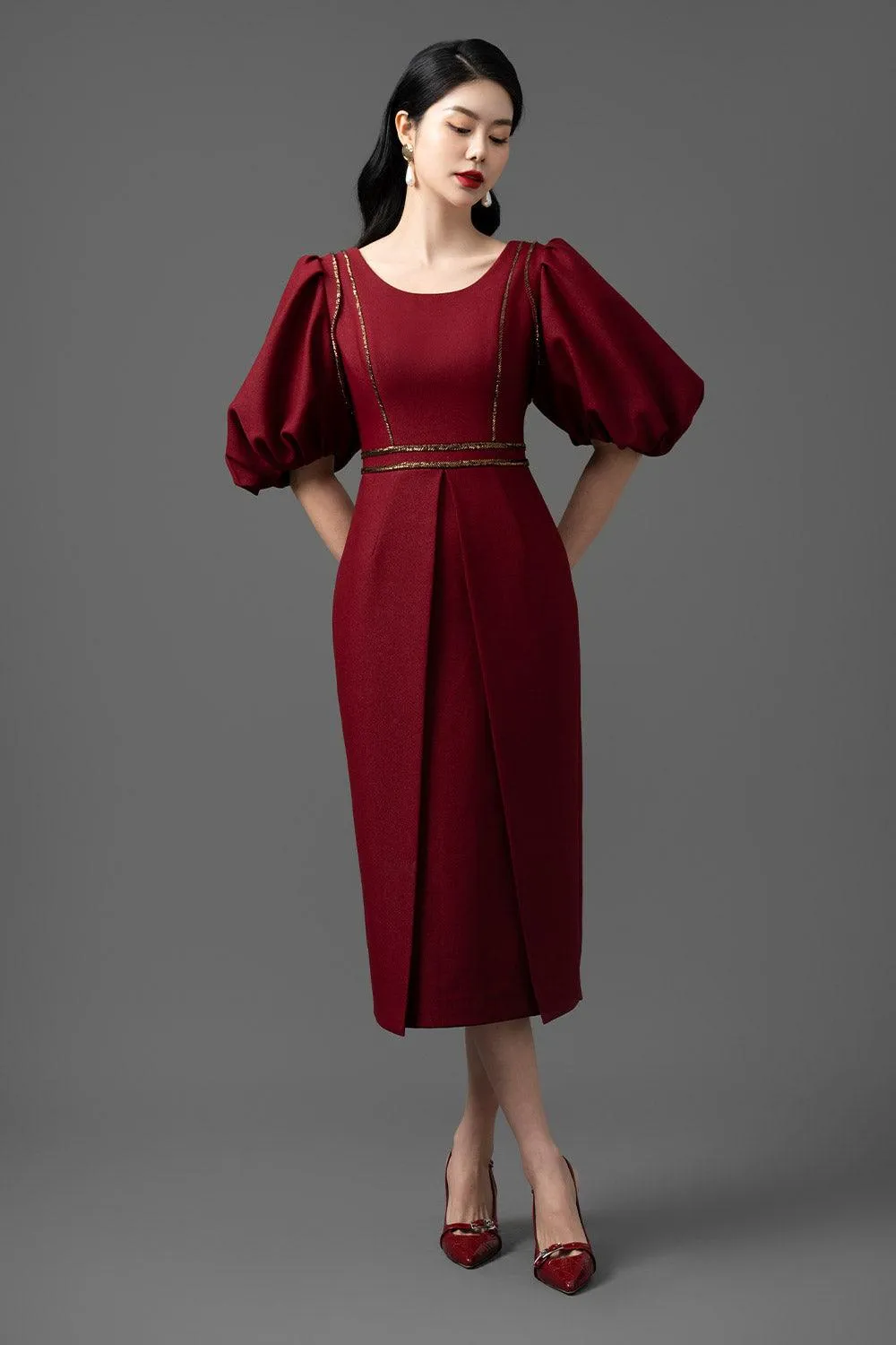 Crystal Sheath Puffy Sleeved Gabardine Midi Dress