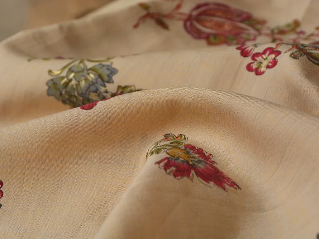 Dark Cream & Beige Floral Premium Modal Chanderi Silk Fabric