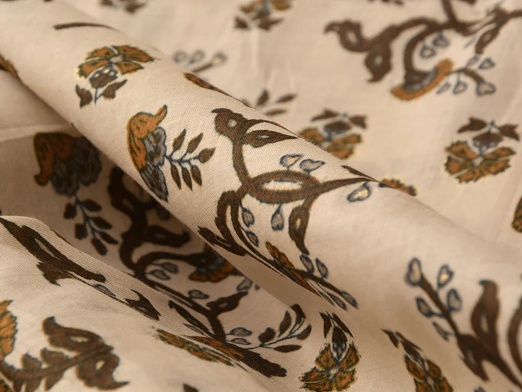 Dark Cream & Coffee Brown Floral  Pure Mul Mul Cotton Fabric