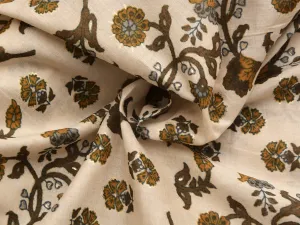 Dark Cream & Coffee Brown Floral  Pure Mul Mul Cotton Fabric