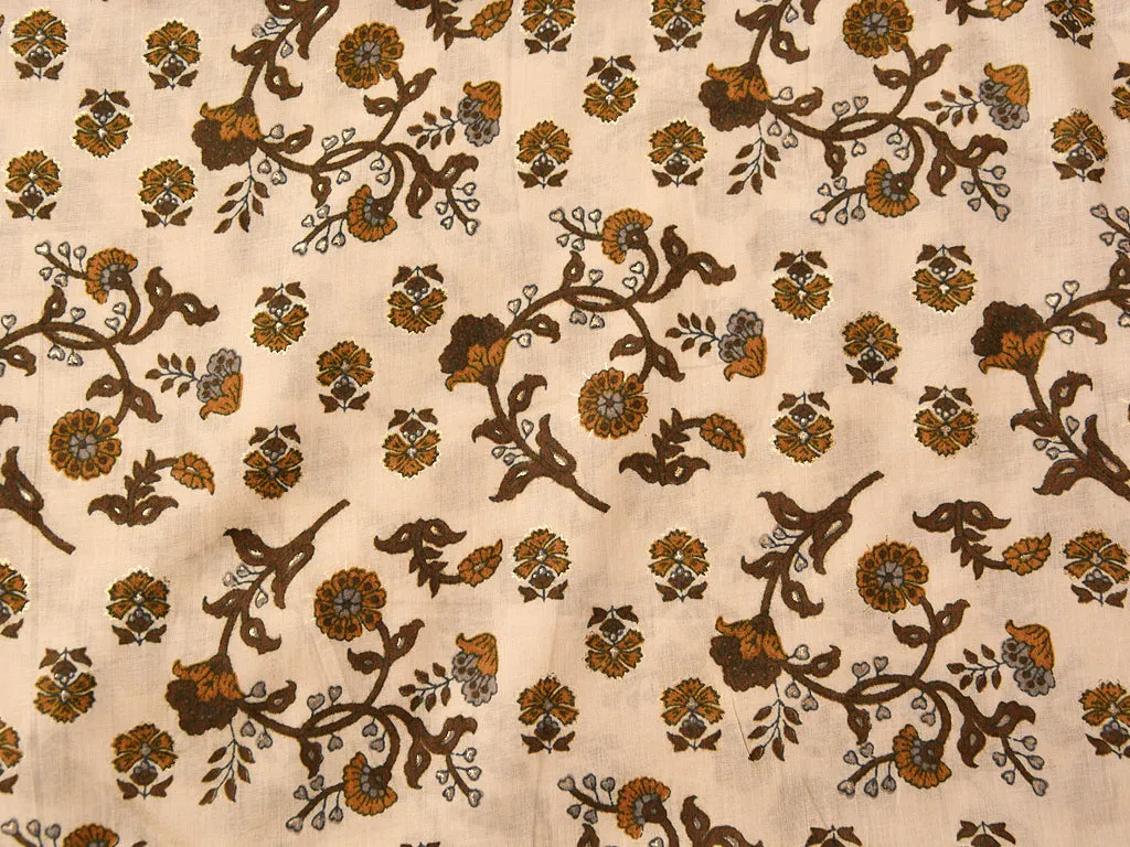Dark Cream & Coffee Brown Floral  Pure Mul Mul Cotton Fabric
