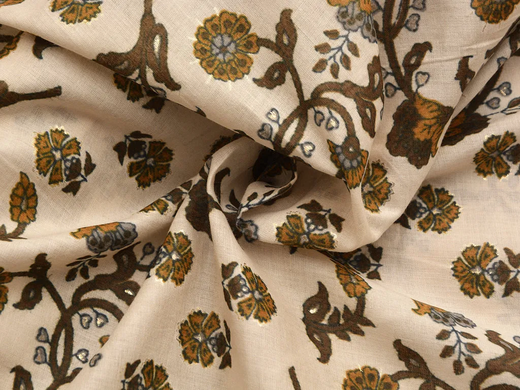 Dark Cream & Coffee Brown Floral  Pure Mul Mul Cotton Fabric