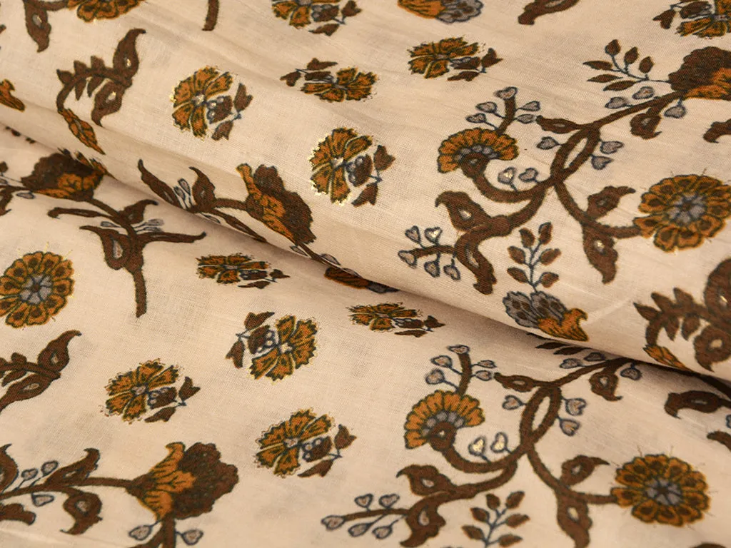 Dark Cream & Coffee Brown Floral  Pure Mul Mul Cotton Fabric