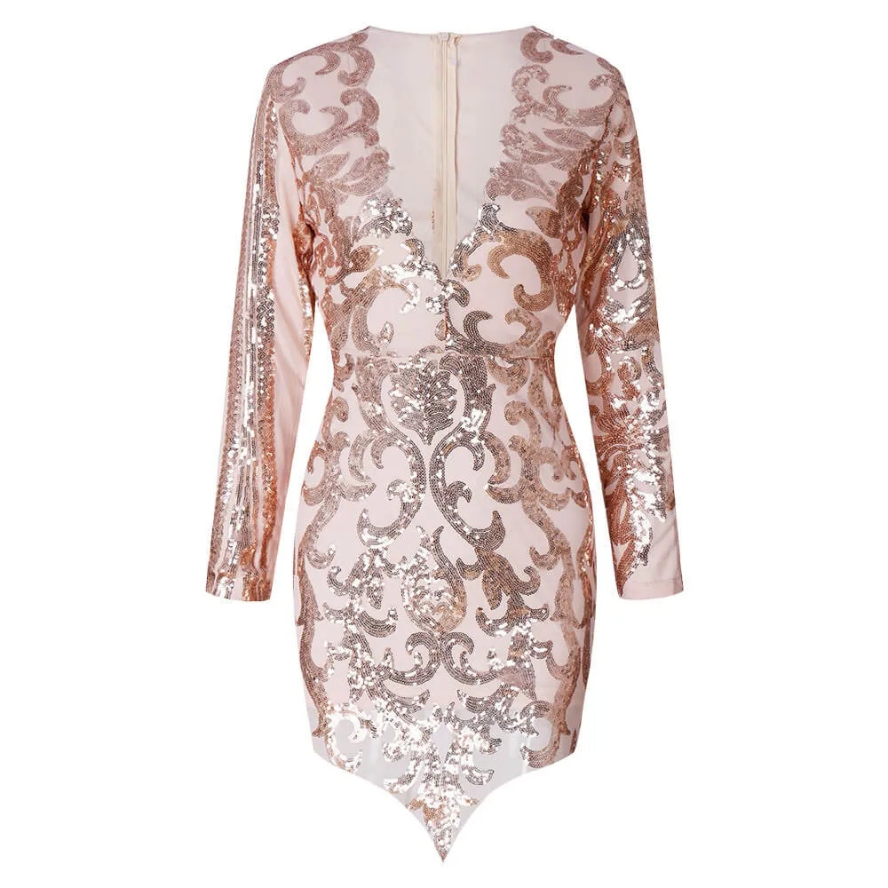 Deep V Neck Sequins Asymmetric Short Dress