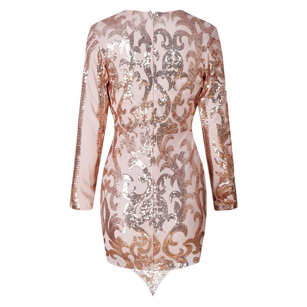 Deep V Neck Sequins Asymmetric Short Dress