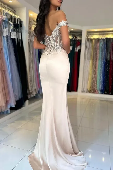 Designer Column Lace Off-The-Shoulder Sleeveless Prom Dress With Split Front