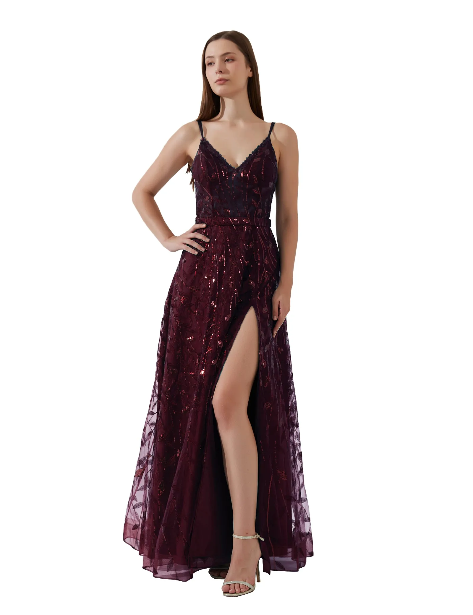 Double Spaghetti Straps V-neck Belt High Side Split Mesh Prom Dress
