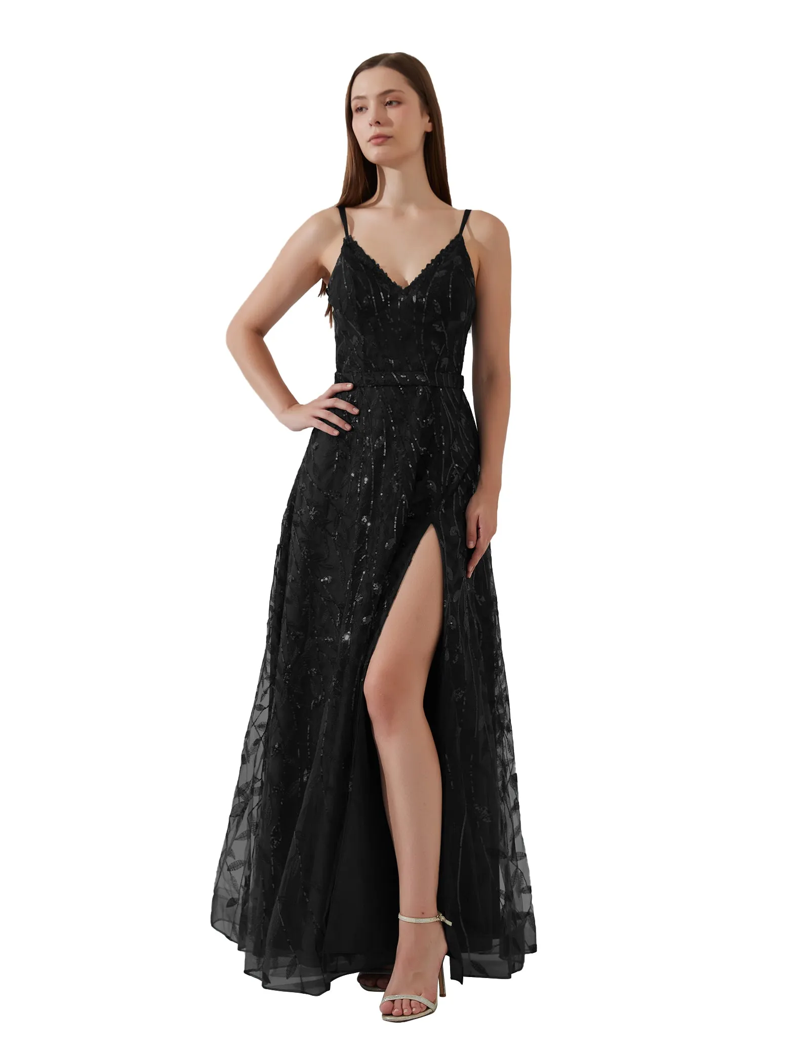 Double Spaghetti Straps V-neck Belt High Side Split Mesh Prom Dress