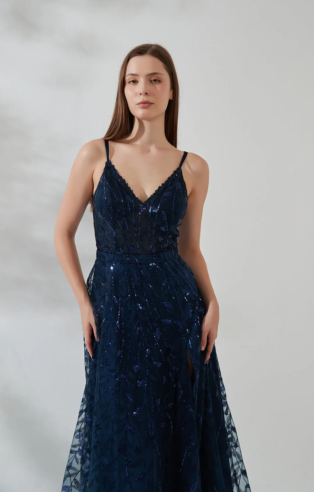 Double Spaghetti Straps V-neck Belt High Side Split Mesh Prom Dress