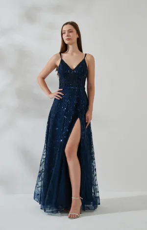 Double Spaghetti Straps V-neck Belt High Side Split Mesh Prom Dress