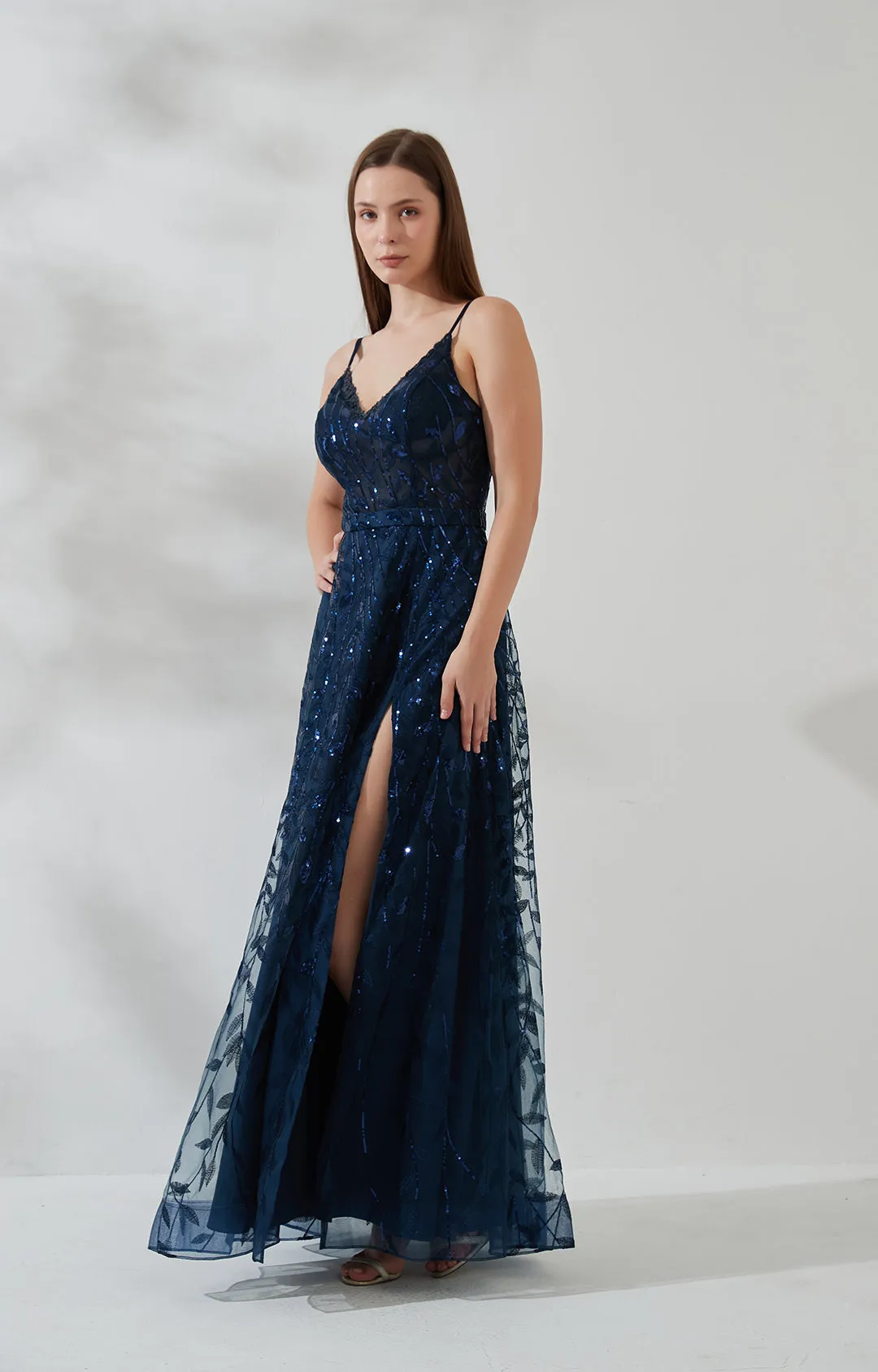 Double Spaghetti Straps V-neck Belt High Side Split Mesh Prom Dress