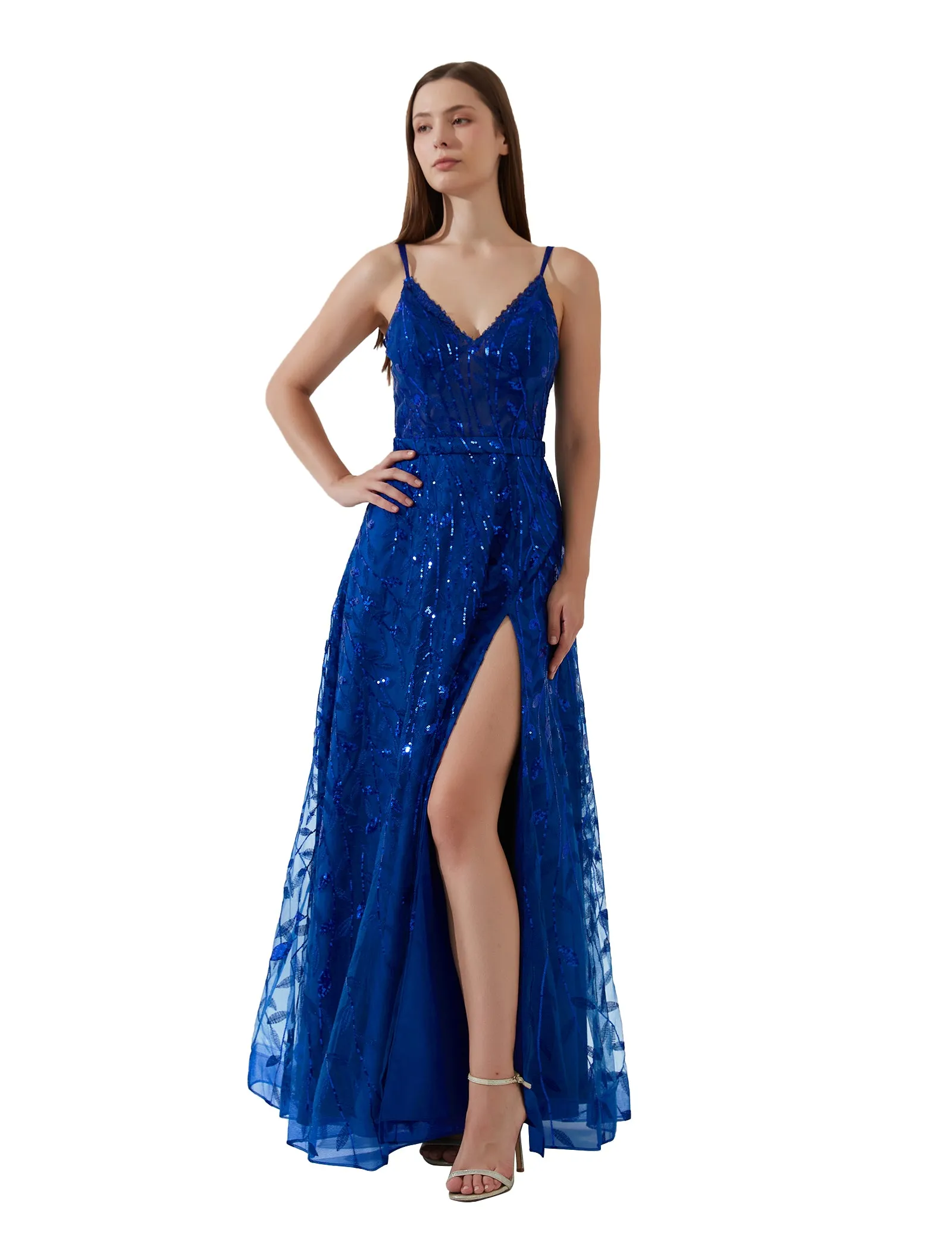 Double Spaghetti Straps V-neck Belt High Side Split Mesh Prom Dress