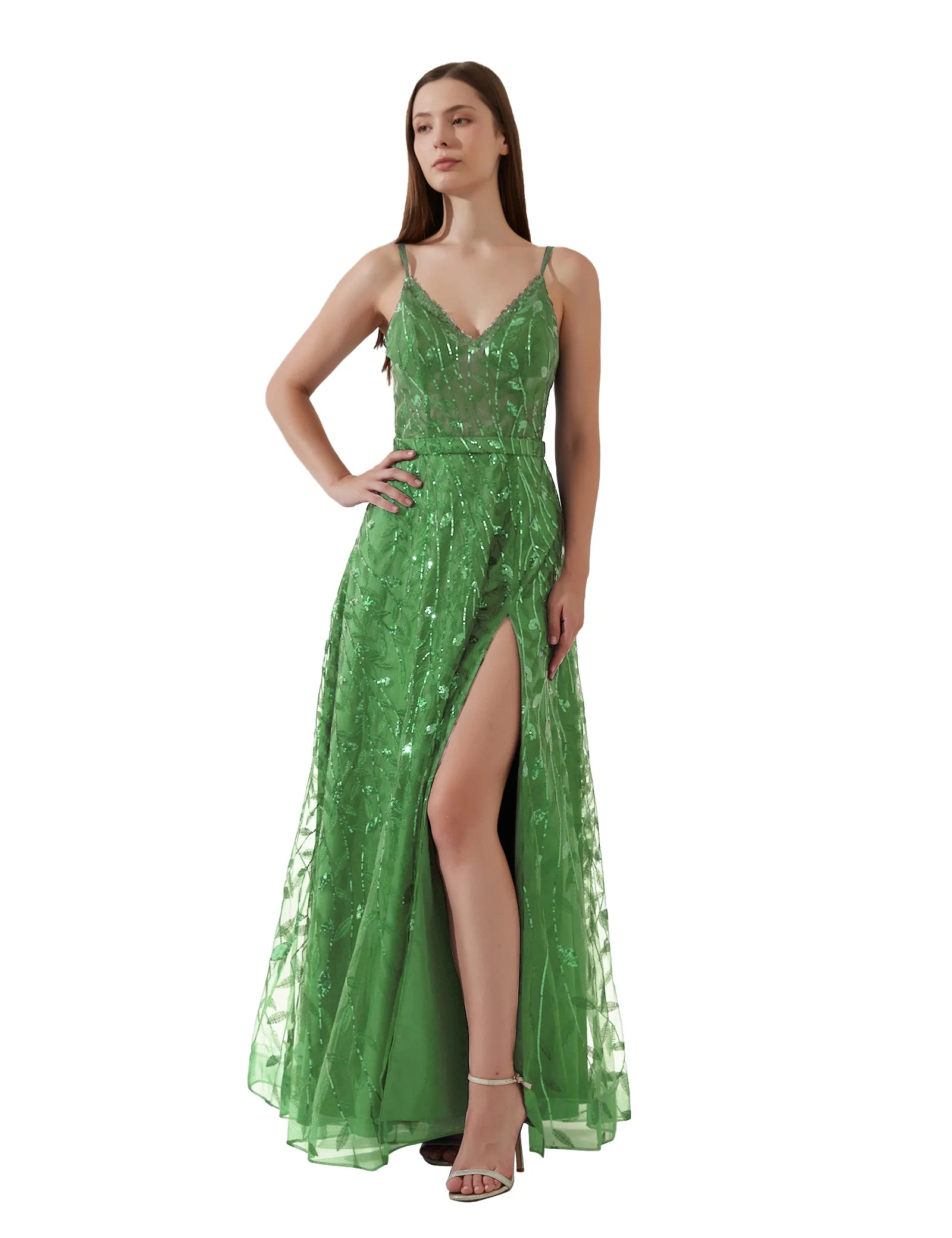 Double Spaghetti Straps V-neck Belt High Side Split Mesh Prom Dress