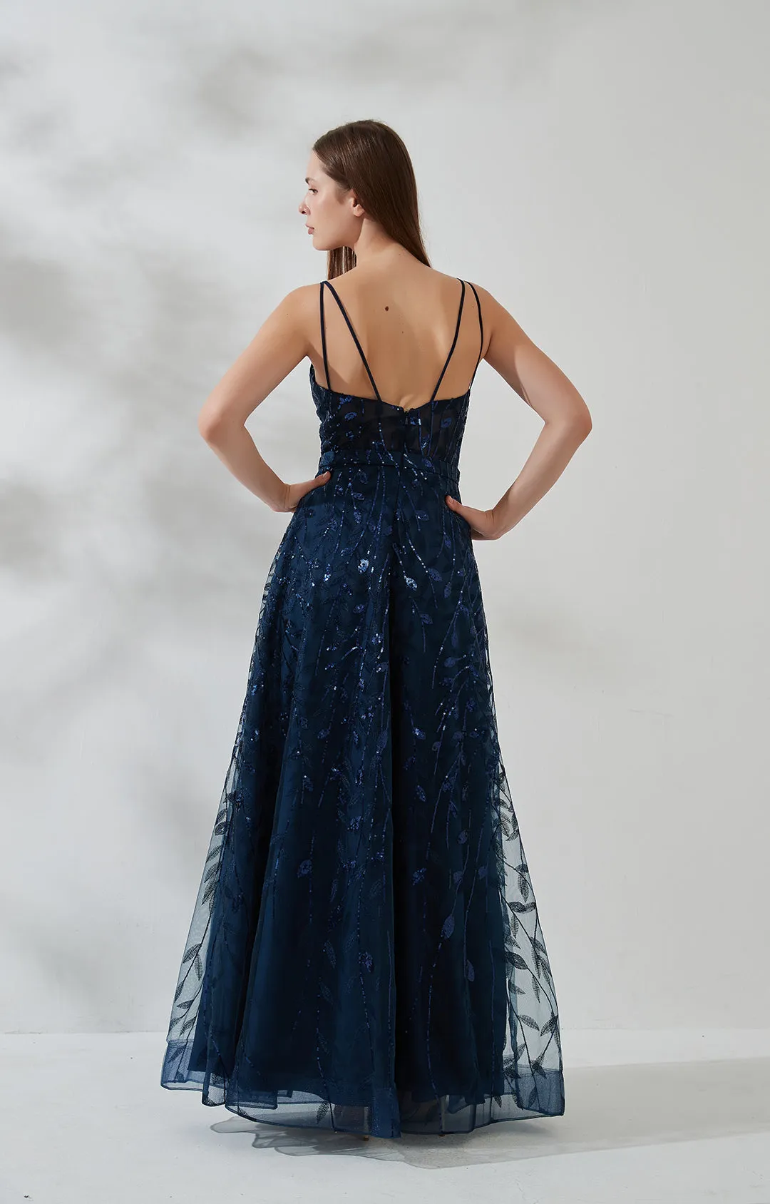 Double Spaghetti Straps V-neck Belt High Side Split Mesh Prom Dress