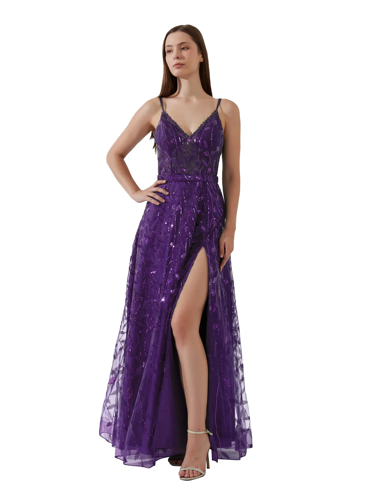 Double Spaghetti Straps V-neck Belt High Side Split Mesh Prom Dress