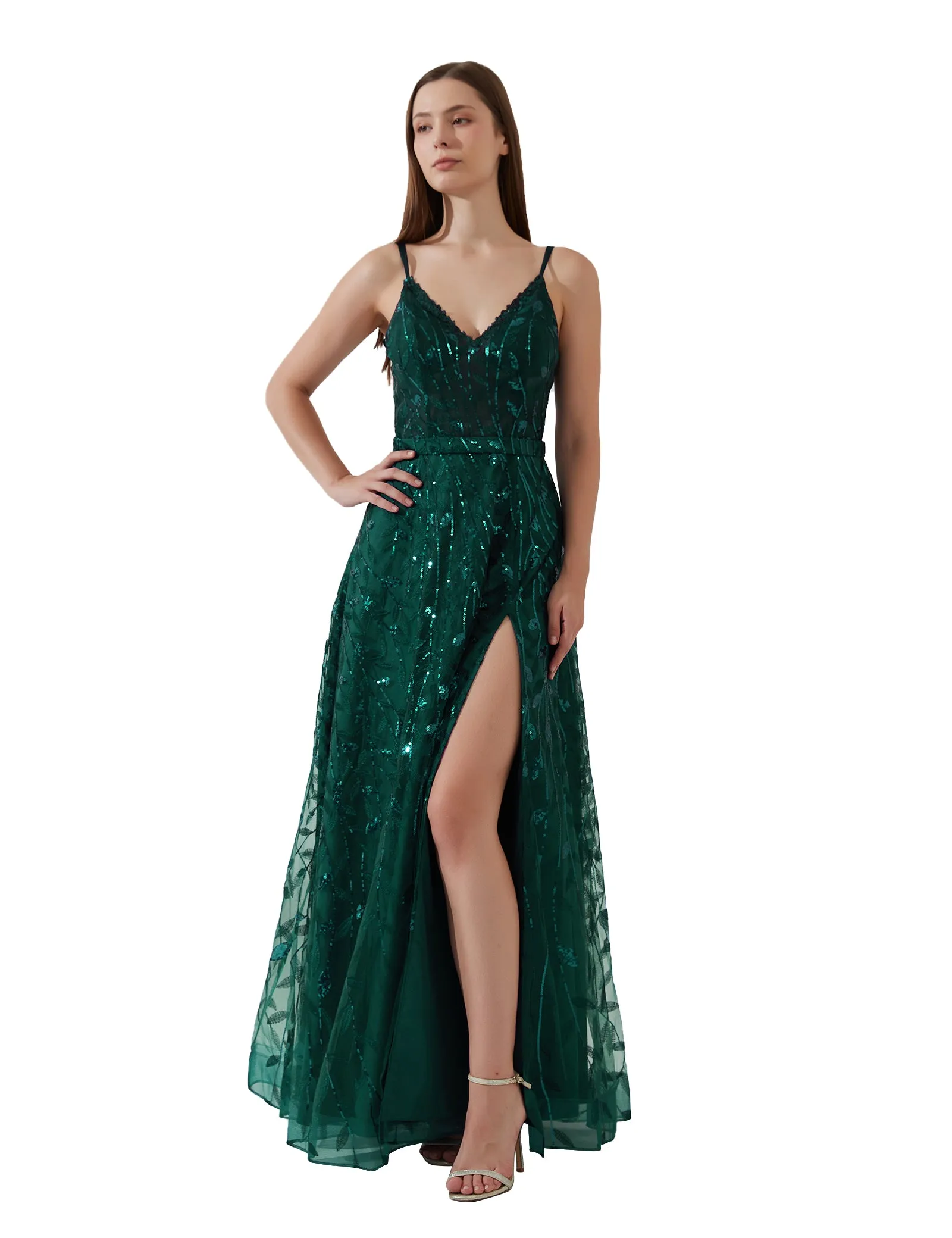 Double Spaghetti Straps V-neck Belt High Side Split Mesh Prom Dress