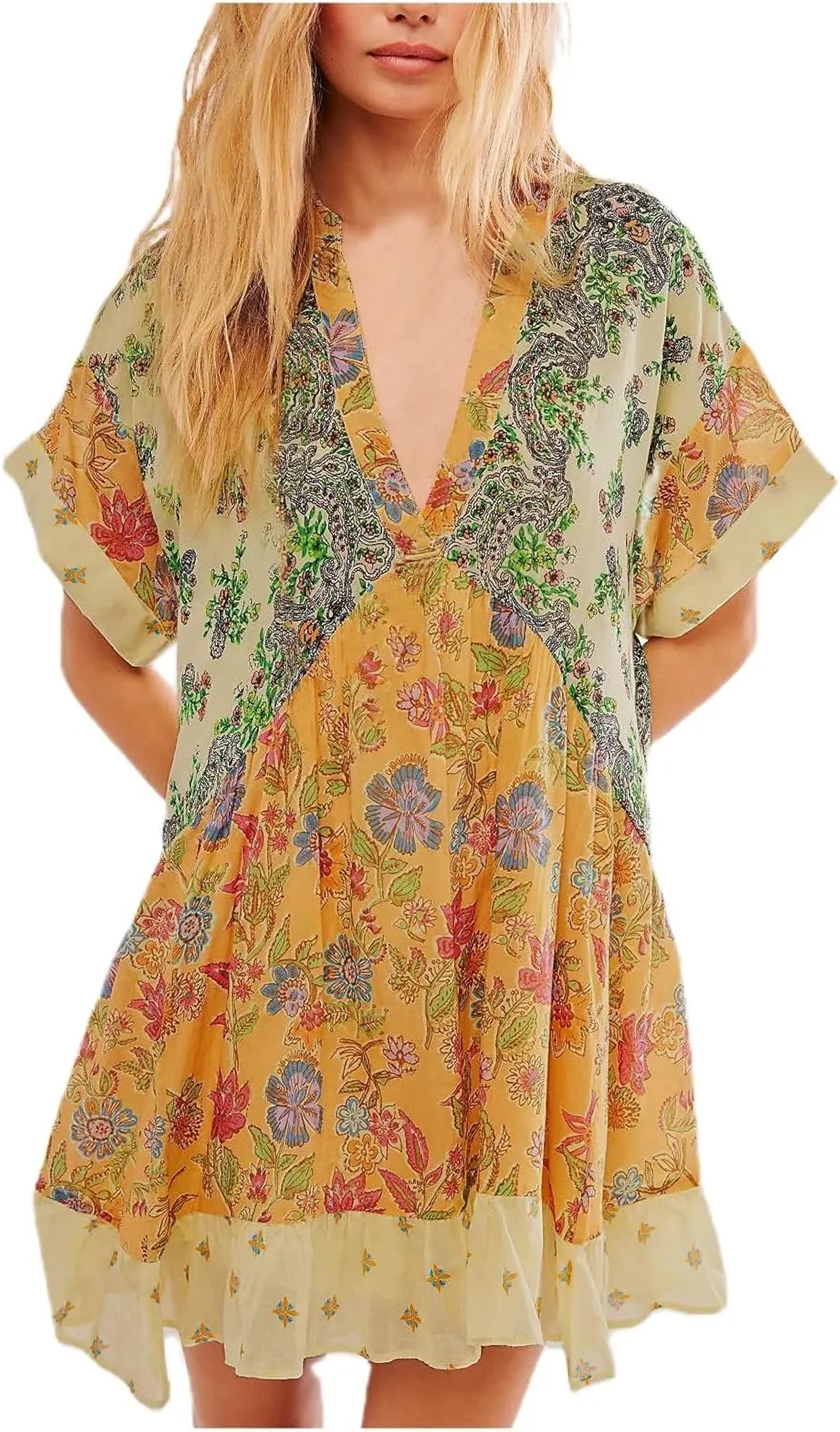 Dresses for Women 2024 Summer Short Sleeve V Neck Casual Beach Mini A-Line Ruffle Flowy Dress