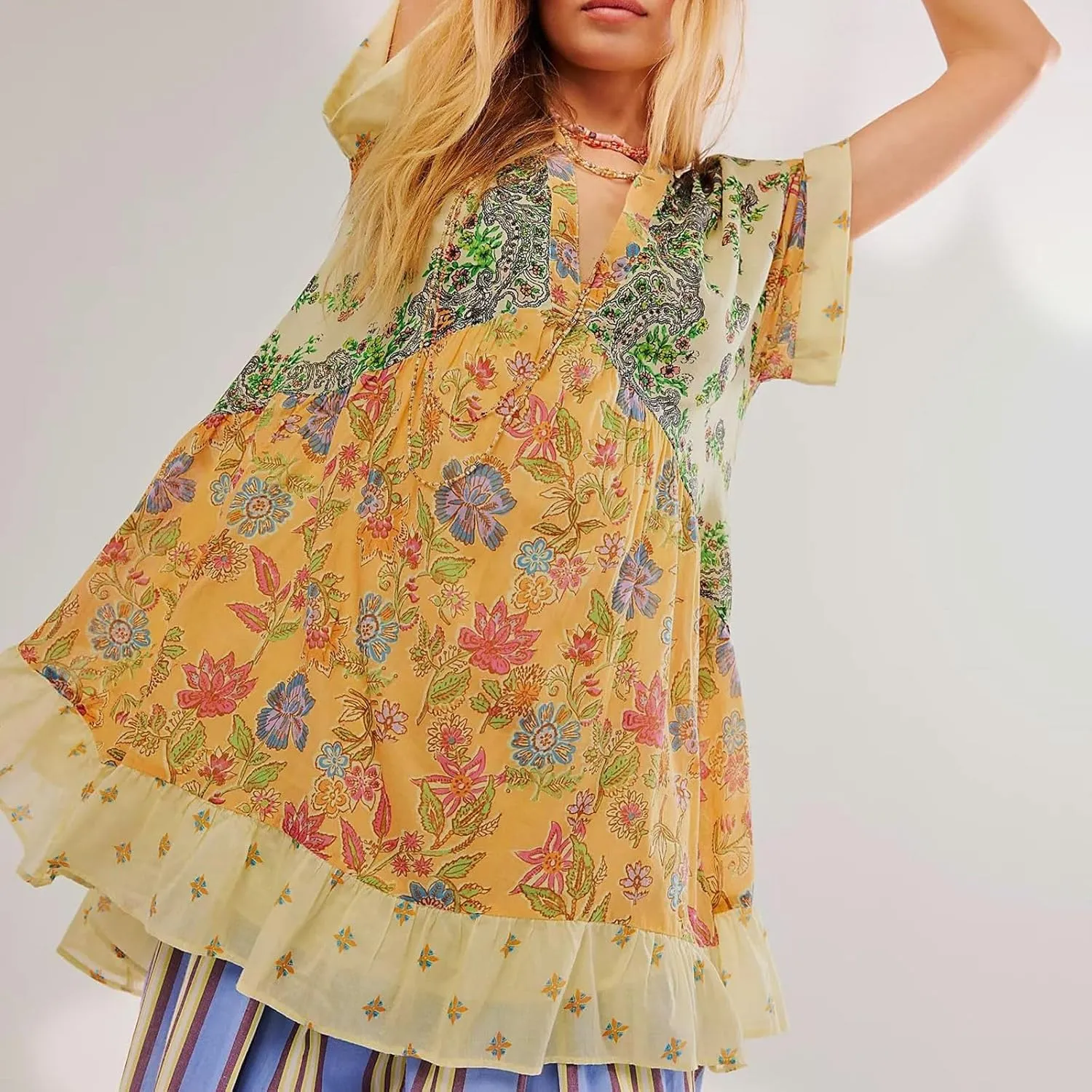 Dresses for Women 2024 Summer Short Sleeve V Neck Casual Beach Mini A-Line Ruffle Flowy Dress
