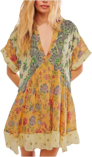 Dresses for Women 2024 Summer Short Sleeve V Neck Casual Beach Mini A-Line Ruffle Flowy Dress