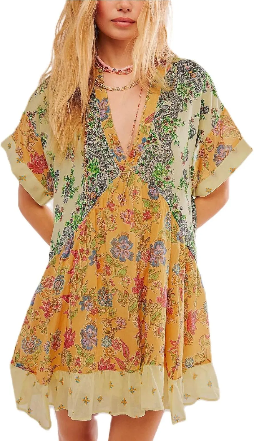Dresses for Women 2024 Summer Short Sleeve V Neck Casual Beach Mini A-Line Ruffle Flowy Dress